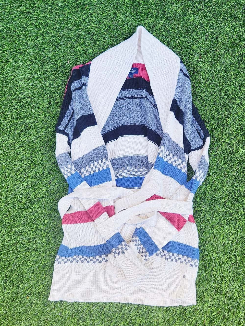 Striped Shawl Collar Belted Sweater Cardigan - Cream & Blue